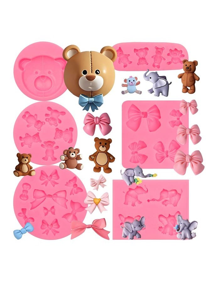 muyulin Teddy Bear Molds, 5 Pieces Silicone Fondant Mold with Bow Elephant Mold for Baby Cake Decoration Cupcake Toppers Clay Gum Paste - Image 1