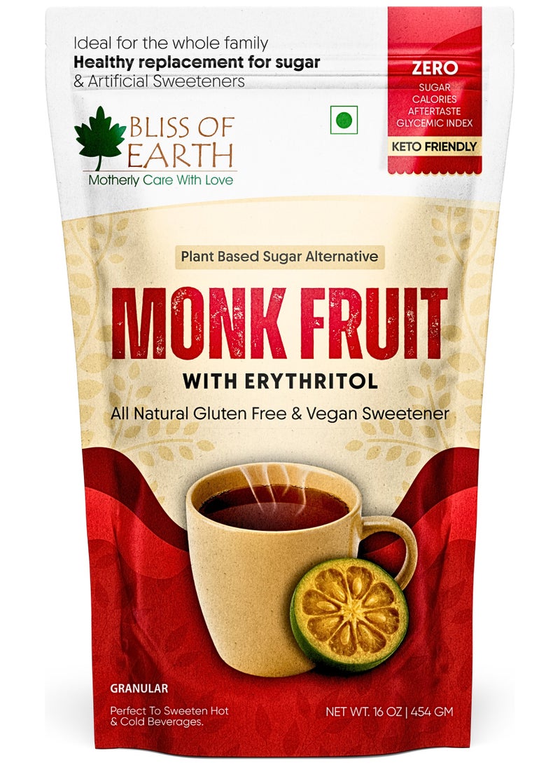Bliss of Earth Monk Fruit Sweetener with Erythritol 454g, Zero Sugar, Zero Calories & Zero Glycemic Index, Natural Sugar Substitute for Keto Diet, Vegan, Gluten Free Sweetener for Tea, Coffee, Baking & Cooking - Image 1