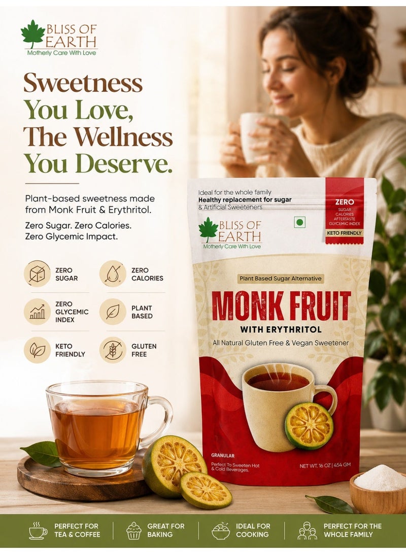 Bliss of Earth Monk Fruit Sweetener with Erythritol 454g, Zero Sugar, Zero Calories & Zero Glycemic Index, Natural Sugar Substitute for Keto Diet, Vegan, Gluten Free Sweetener for Tea, Coffee, Baking & Cooking - Image 2
