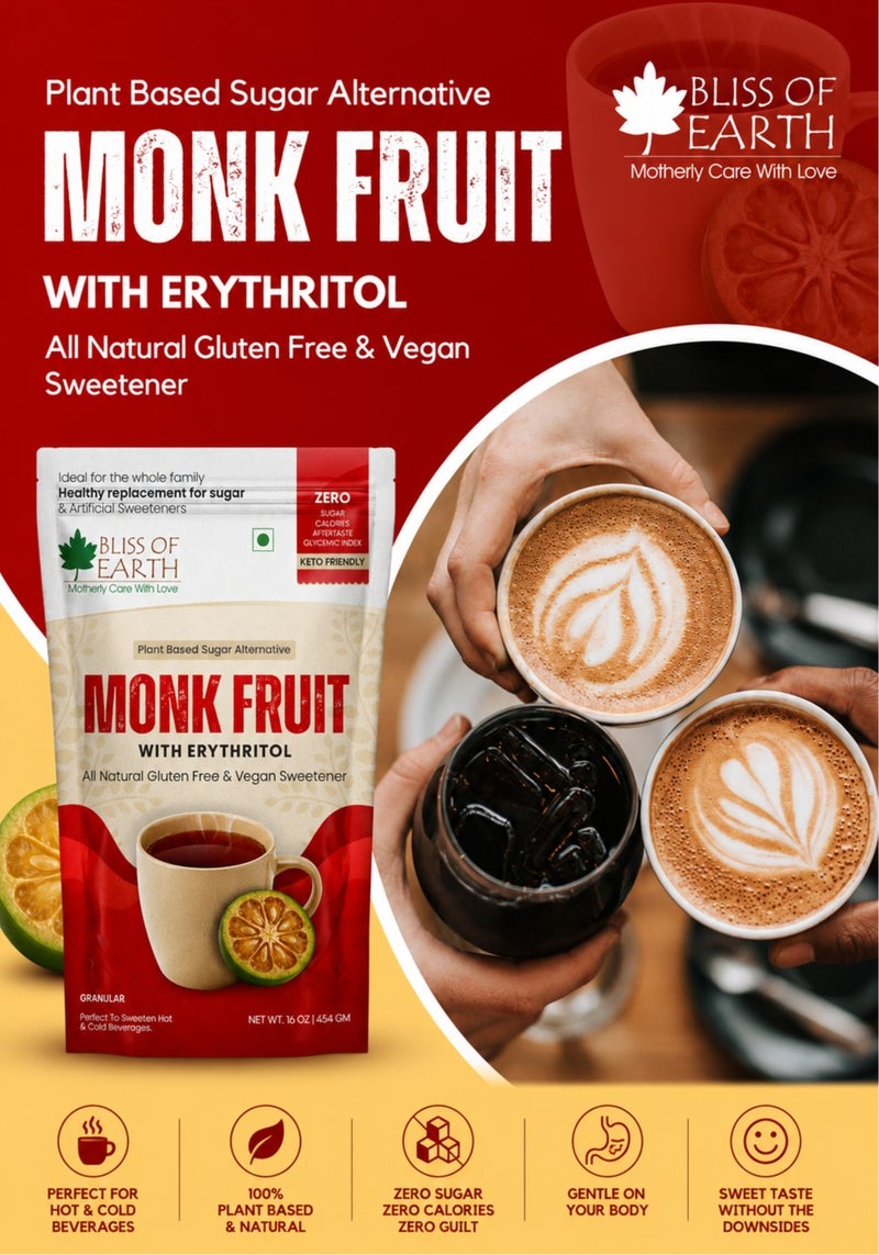 Bliss of Earth Monk Fruit Sweetener with Erythritol 454g, Zero Sugar, Zero Calories & Zero Glycemic Index, Natural Sugar Substitute for Keto Diet, Vegan, Gluten Free Sweetener for Tea, Coffee, Baking & Cooking - Image 3