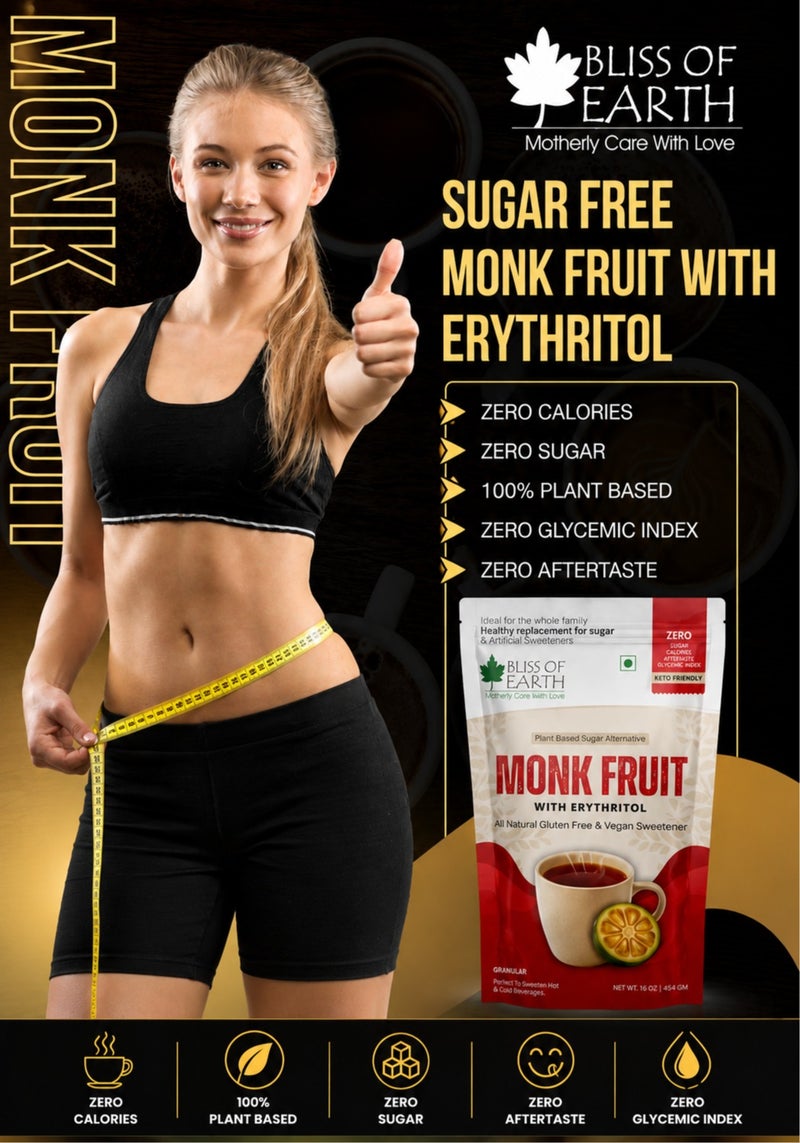 Bliss of Earth Monk Fruit Sweetener with Erythritol 454g, Zero Sugar, Zero Calories & Zero Glycemic Index, Natural Sugar Substitute for Keto Diet, Vegan, Gluten Free Sweetener for Tea, Coffee, Baking & Cooking - Image 4