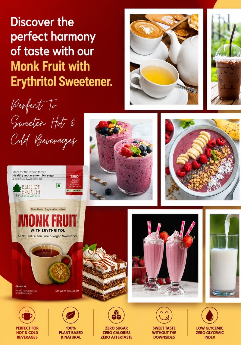 Bliss of Earth Monk Fruit Sweetener with Erythritol 454g, Zero Sugar, Zero Calories & Zero Glycemic Index, Natural Sugar Substitute for Keto Diet, Vegan, Gluten Free Sweetener for Tea, Coffee, Baking & Cooking - Image 5