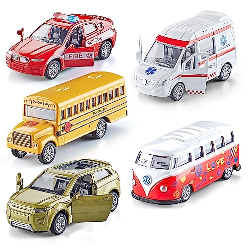 KIDAMI Diecast Metal Toy Cars Set of 5 Openable Doors Pull Back Cars Ambulance Gift Pack for Kids Official Car - Image 1