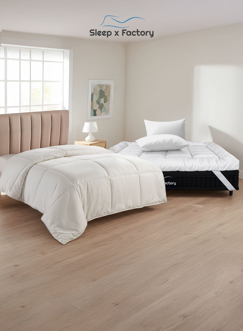 Sleep x Factory Luxury Hotel Comfort Sleep Bundle, Fits 200 x 140 cm Single Size Bed, 4 Pcs, 14 cm Mattress Topper, 2 Hotel Pillows, Comforter - Image 1