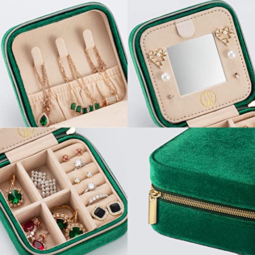 ZPROW Plush Velvet Travel Jewelry Case, Organizer, Box, Small Case for Women, Earring Organizer with Mirror, Best Gifts For Daughter, Girlfriend, Mom | Gifts For Her - Emerald Green - Image 3