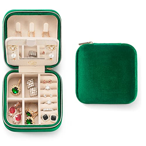 ZPROW Plush Velvet Travel Jewelry Case, Organizer, Box, Small Case for Women, Earring Organizer with Mirror, Best Gifts For Daughter, Girlfriend, Mom | Gifts For Her - Emerald Green - Image 1