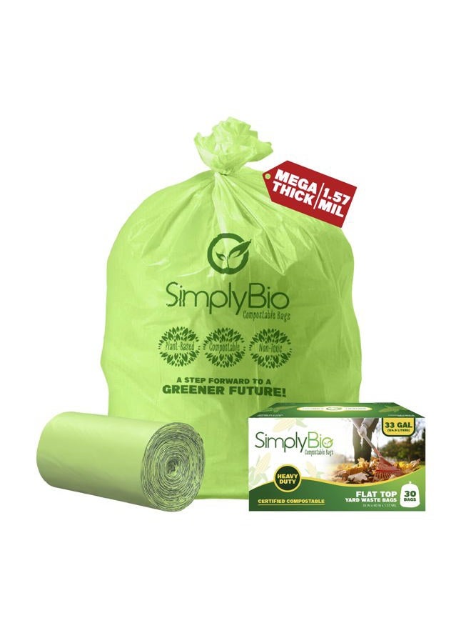 Simply Bio أكياس قمامة قابلة للتحلل 33 جالون، 1.57 مل، مع قمة مسطحة، صديقة للبيئة، ثقيلة الوزن (30 قطعة) - Image 1