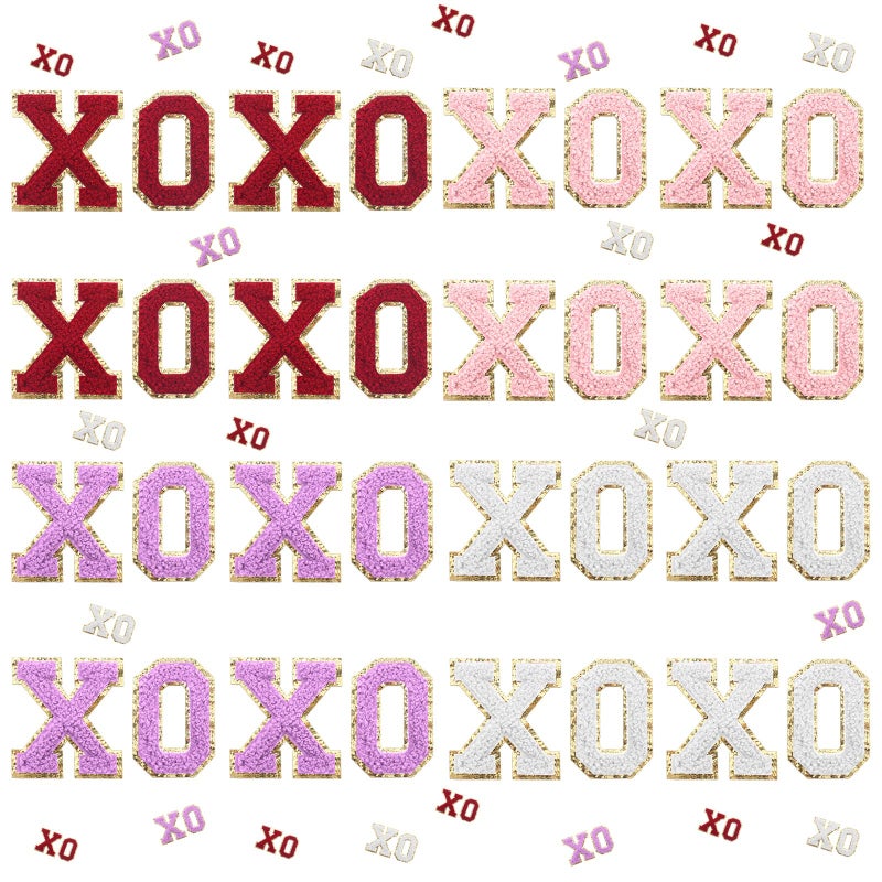 Solsew 32 Pcs Valentine Iron on Patches Valentine Patches XOXO Chenille Letter Patch with Glitter Gold Border Decor Sew on Embroidered Applique for Hat Bag Clothes(Elegant) - Image 1
