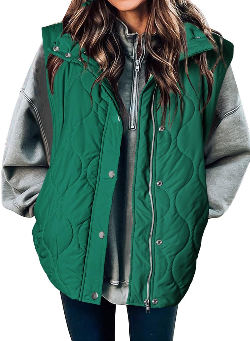 EVALESS Casual Cropped Puffer Vest Women Lightweight Quilted Stand Collar Sleeveless Jackets Fall Winter 2025 Outfits Button Zip Up Warm Coat Outerwear with Pockets Green X-Large - Image 1