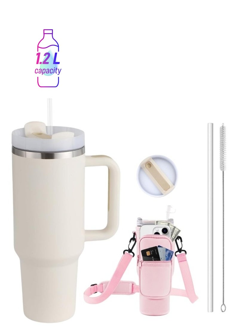XiuWoo Thermos mug with handle For cold and hot drinks, coffee, tea, water, juice, capacity 1.2 L, stainless steel, straw, cleaning brush and super resistant protection and transport bag/cover, white - Image 1