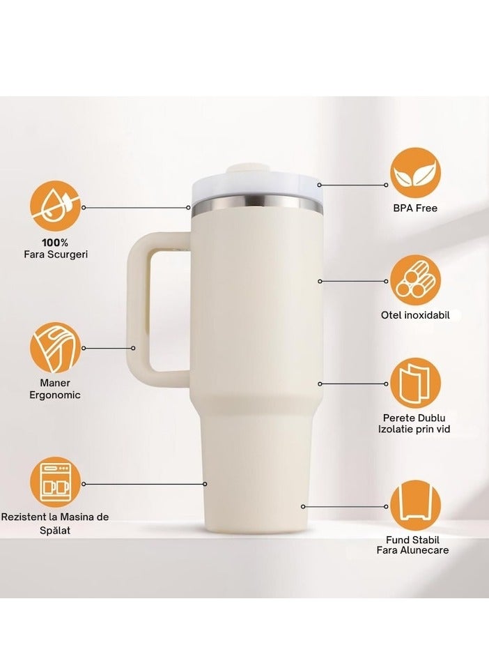 XiuWoo Thermos mug with handle For cold and hot drinks, coffee, tea, water, juice, capacity 1.2 L, stainless steel, straw, cleaning brush and super resistant protection and transport bag/cover, white - Image 2