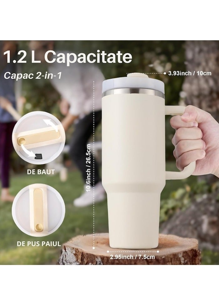XiuWoo Thermos mug with handle For cold and hot drinks, coffee, tea, water, juice, capacity 1.2 L, stainless steel, straw, cleaning brush and super resistant protection and transport bag/cover, white - Image 3