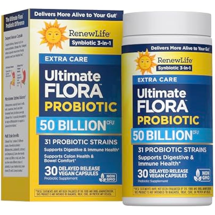 Renew Life Ultimate Flora Probiotic with Prebiotic | 50 Billion CFU | 31 Probiotic Strains | 30 Delayed Release Vegan Capsules | 3-1 Synbiotic | Supports Digestive Health | Dairy, Soy and Gluten Free - Image 1