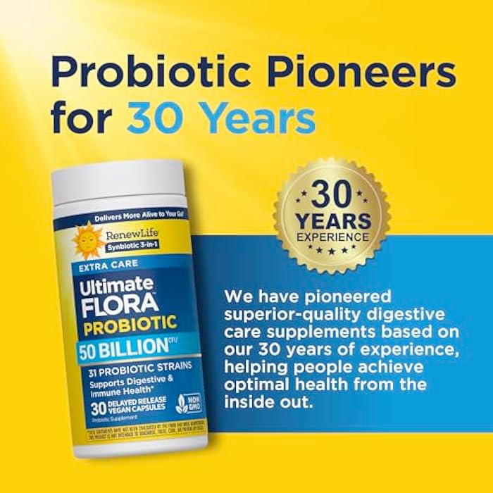 Renew Life Ultimate Flora Probiotic with Prebiotic | 50 Billion CFU | 31 Probiotic Strains | 30 Delayed Release Vegan Capsules | 3-1 Synbiotic | Supports Digestive Health | Dairy, Soy and Gluten Free - Image 5
