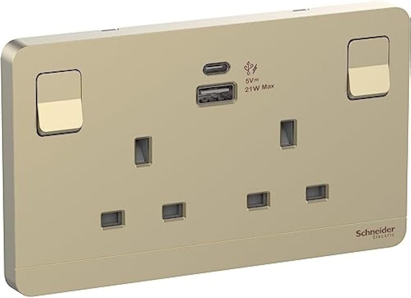 Schneider Electric 21W Type A+C 2 Gang Switched Socket with USB Charger
