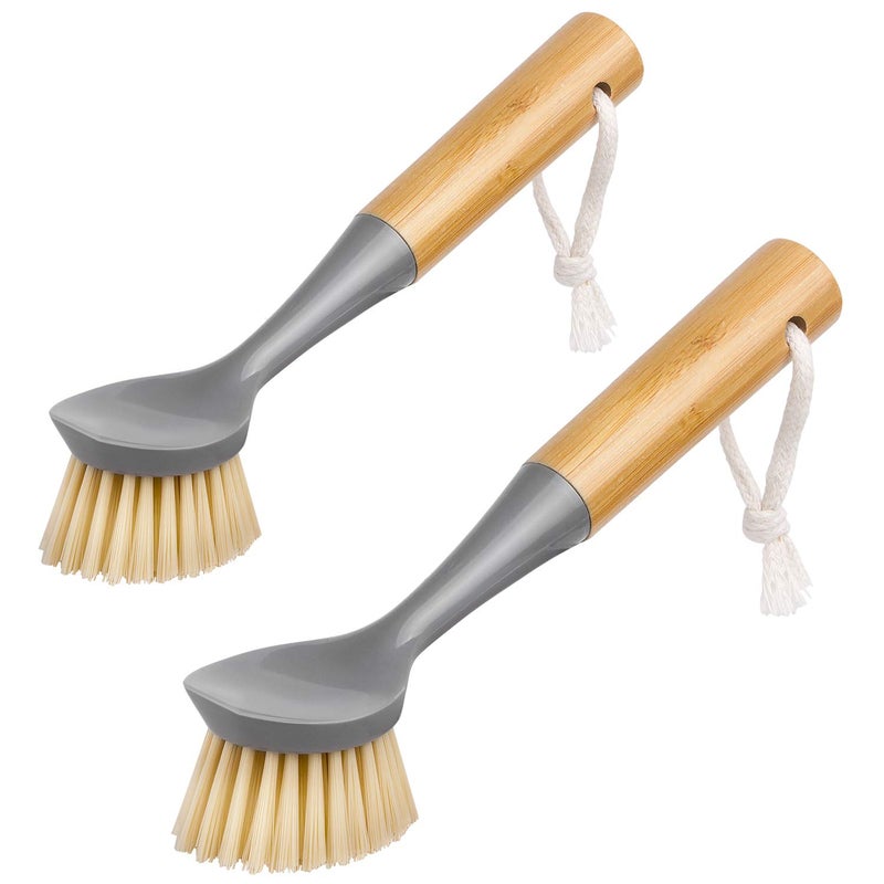 Mr Siga MR.SIGA Dish Brush with Bamboo Handle Built-in Scraper, Scrub Brush for Pans, Pots, Kitchen Sink Cleaning, Pack of 2 - Image 1