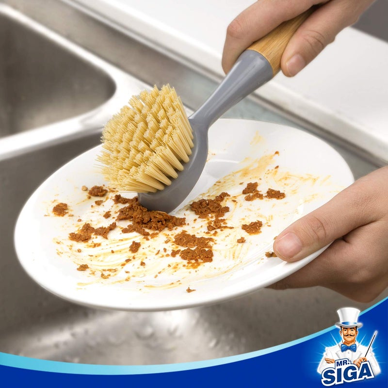 Mr Siga MR.SIGA Dish Brush with Bamboo Handle Built-in Scraper, Scrub Brush for Pans, Pots, Kitchen Sink Cleaning, Pack of 2 - Image 2