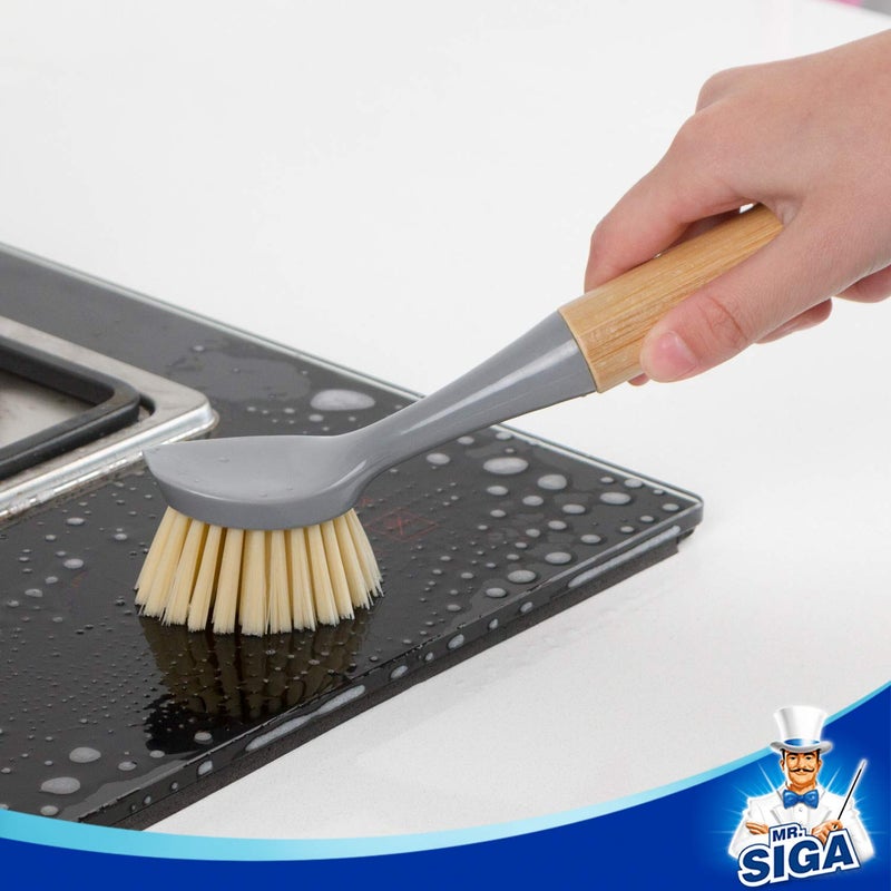 Mr Siga MR.SIGA Dish Brush with Bamboo Handle Built-in Scraper, Scrub Brush for Pans, Pots, Kitchen Sink Cleaning, Pack of 2 - Image 5