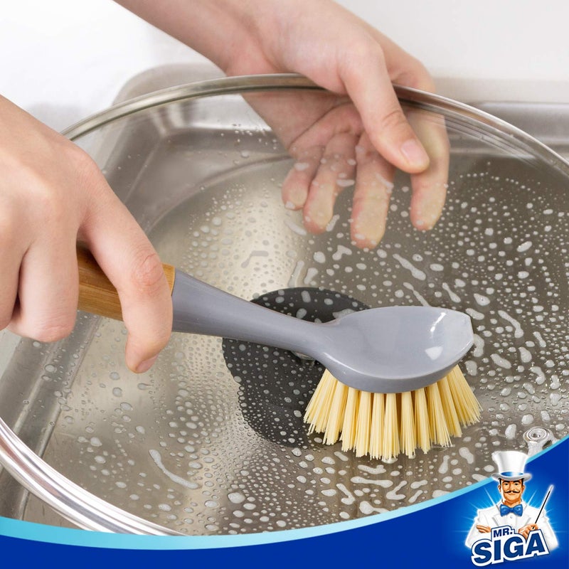 Mr Siga MR.SIGA Dish Brush with Bamboo Handle Built-in Scraper, Scrub Brush for Pans, Pots, Kitchen Sink Cleaning, Pack of 2 - Image 3