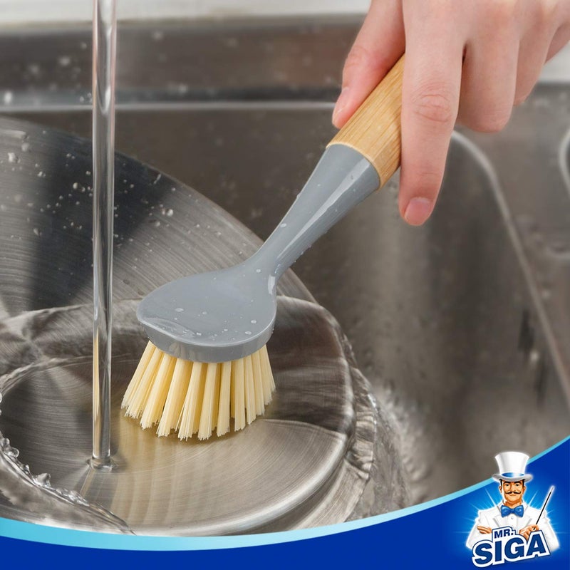 Mr Siga MR.SIGA Dish Brush with Bamboo Handle Built-in Scraper, Scrub Brush for Pans, Pots, Kitchen Sink Cleaning, Pack of 2 - Image 4