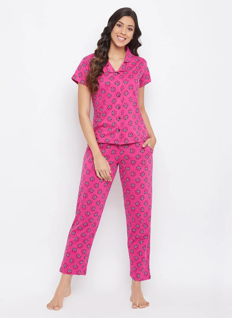 Clovia Clovia Owl Print Button Down Shirt & Pyjama Set in Magenta - 100% Cotton