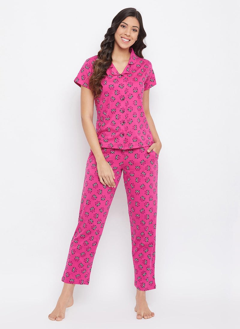 Clovia Owl Print Button Down Shirt & Pyjama Set in Magenta - 100% Cotton - Image 1