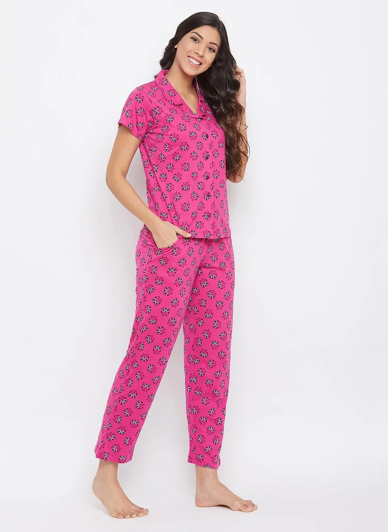 Clovia Clovia Owl Print Button Down Shirt & Pyjama Set in Magenta - 100% Cotton