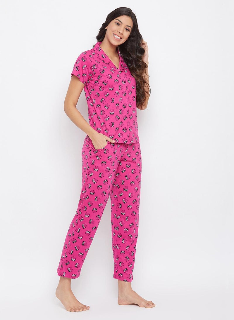 Clovia Owl Print Button Down Shirt & Pyjama Set in Magenta - 100% Cotton - Image 3