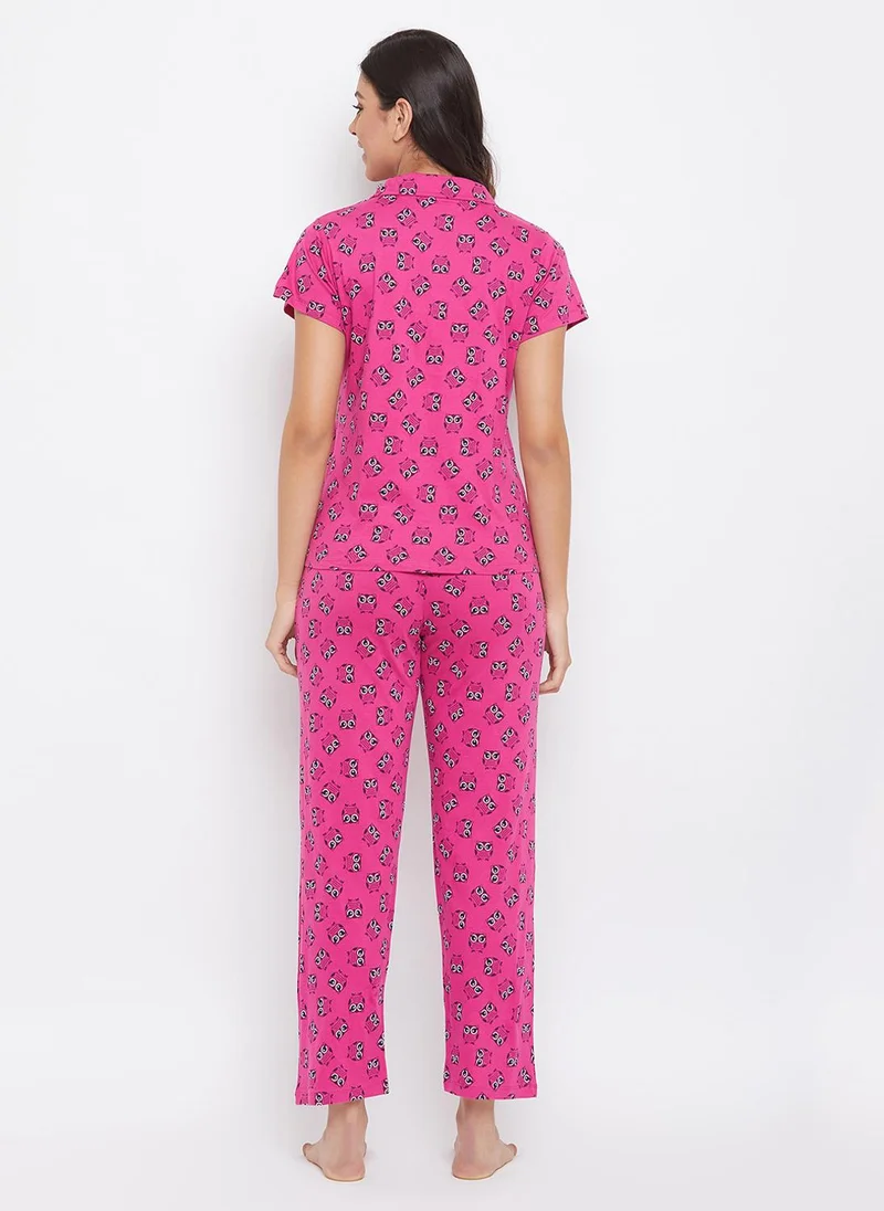 Clovia Clovia Owl Print Button Down Shirt & Pyjama Set in Magenta - 100% Cotton