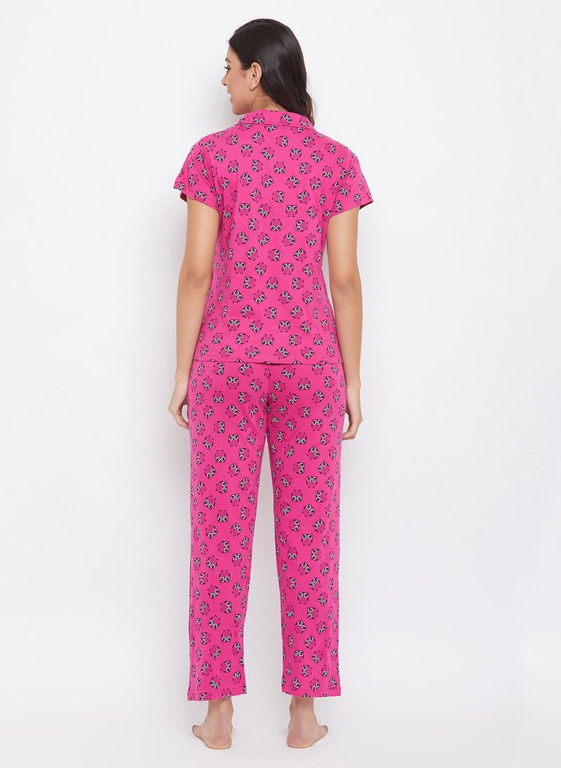 Clovia Owl Print Button Down Shirt & Pyjama Set in Magenta - 100% Cotton - Image 4