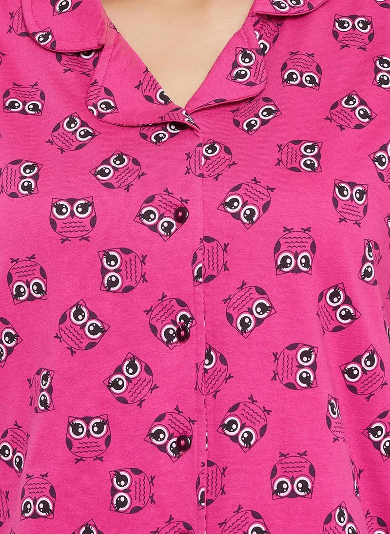 Clovia Clovia Owl Print Button Down Shirt & Pyjama Set in Magenta - 100% Cotton