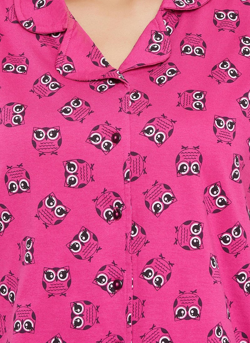 Clovia Owl Print Button Down Shirt & Pyjama Set in Magenta - 100% Cotton - Image 5
