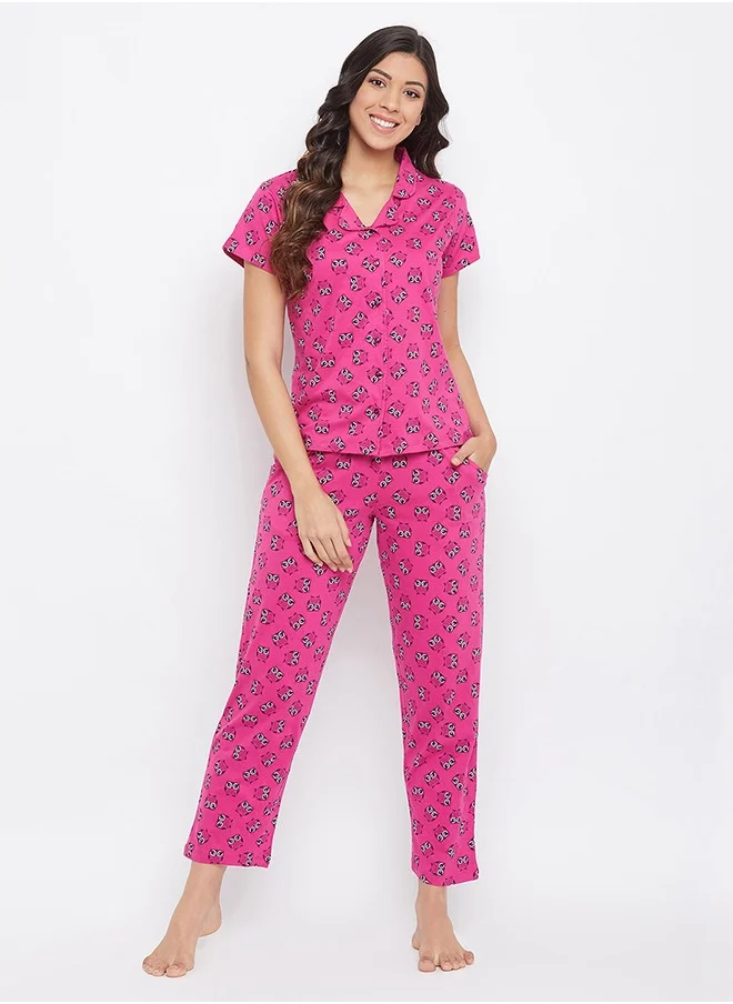 Clovia Clovia Owl Print Button Down Shirt & Pyjama Set in Magenta - Cotton Rich