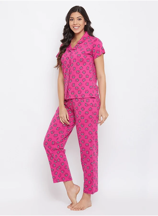 كلوفيا Clovia Owl Print Button Down Shirt & Pyjama Set in Magenta - Cotton Rich