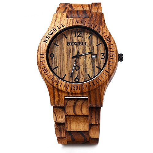 BEWELL ZS-W086B Mens Wooden Watch Analog Quartz Movement Date Display Lightweight Wood Wrist Watch (Zebra Wood) - Image 3