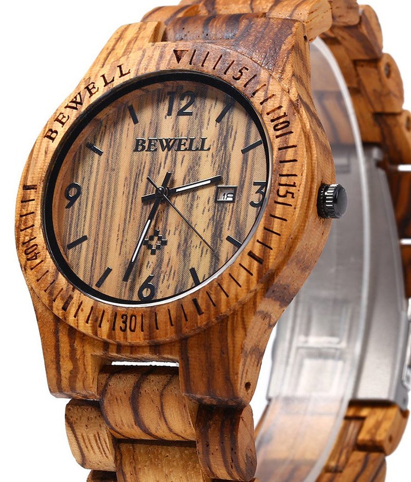 BEWELL ZS-W086B Mens Wooden Watch Analog Quartz Movement Date Display Lightweight Wood Wrist Watch (Zebra Wood) - Image 2