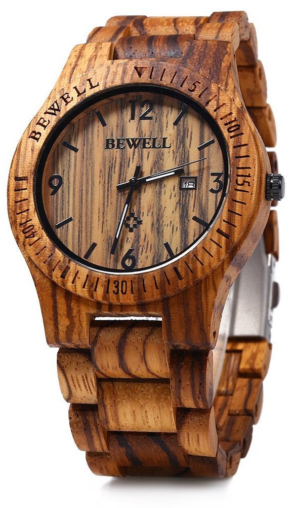 BEWELL ZS-W086B Mens Wooden Watch Analog Quartz Movement Date Display Lightweight Wood Wrist Watch (Zebra Wood) - Image 1