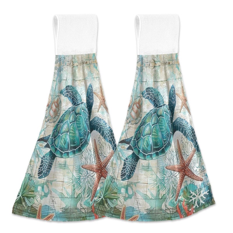 Boccsty Sea Turtle Starfish Fingertip Bath Towels 2 Pcs Tortoise Map Ocean Animal Hanging Hand Bath Towel Tea Bar Towels for Bathroom Farmhouse Tabletop Home Decor