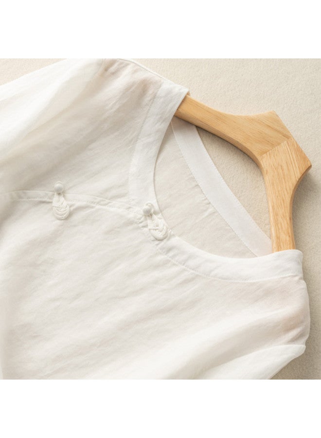 XINYANG Summer Chinese Style Women's Top Round Neck Pure Cotton Breathable Retro Frog Button Short Sleeve T-shirt - Image 3
