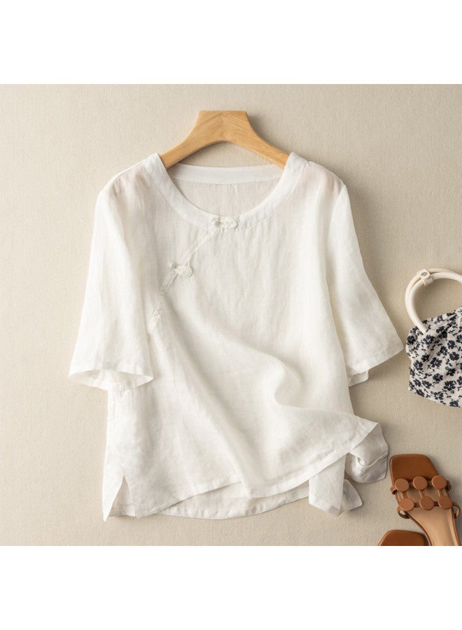 XINYANG Summer Chinese Style Women's Top Round Neck Pure Cotton Breathable Retro Frog Button Short Sleeve T-shirt - Image 2