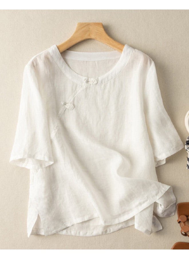 XINYANG Summer Chinese Style Women's Top Round Neck Pure Cotton Breathable Retro Frog Button Short Sleeve T-shirt - Image 1