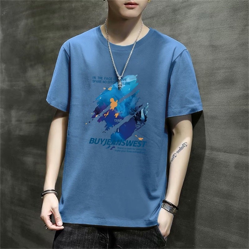 2024 Summer New Short-sleeved T-shirt Men's Loose Top Student's Simple Milk Silk Printed T-shirt Men's Round Neck