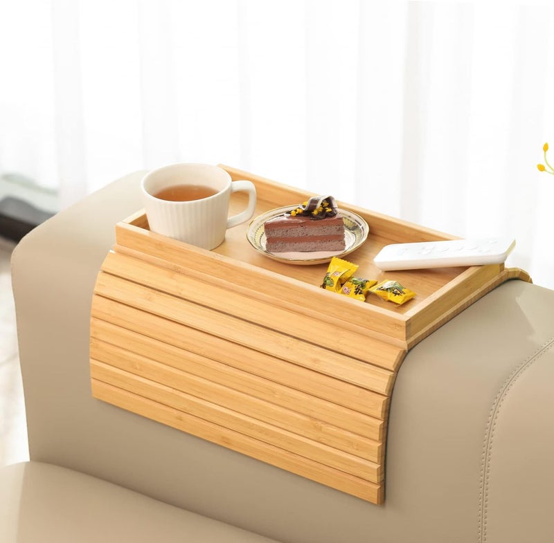 GEHE Bamboo Sofa Arm Tray, Foldable Couch Arm Tray Side Table, Anti-Falling Armrest Tables Cup Holder for Snacks, Drinks, Beers, Phone, Control, Flexible and Portable, Anti-Slip - Image 1