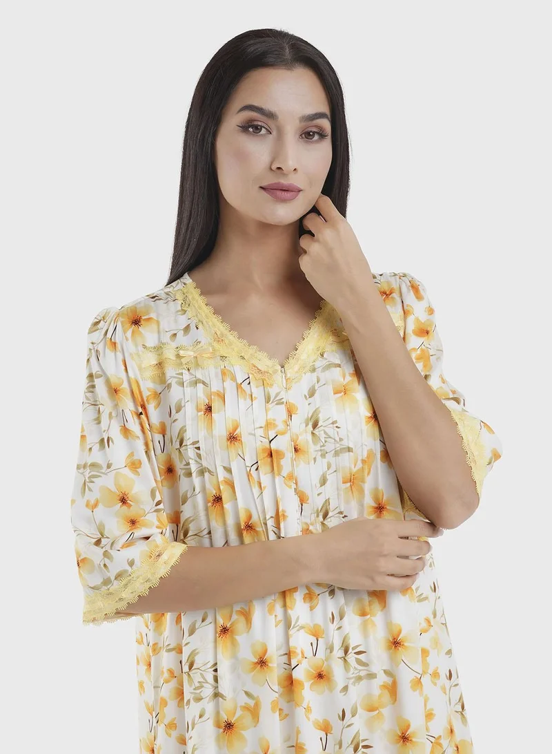 كشخة Viscose Yellow Floral Print Nightwear Dress (CNH439)
