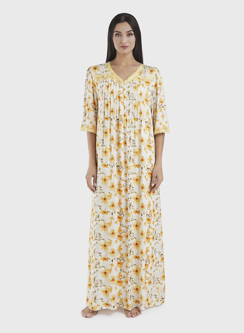 كشخة Viscose Yellow Floral Print Nightwear Dress (CNH439)