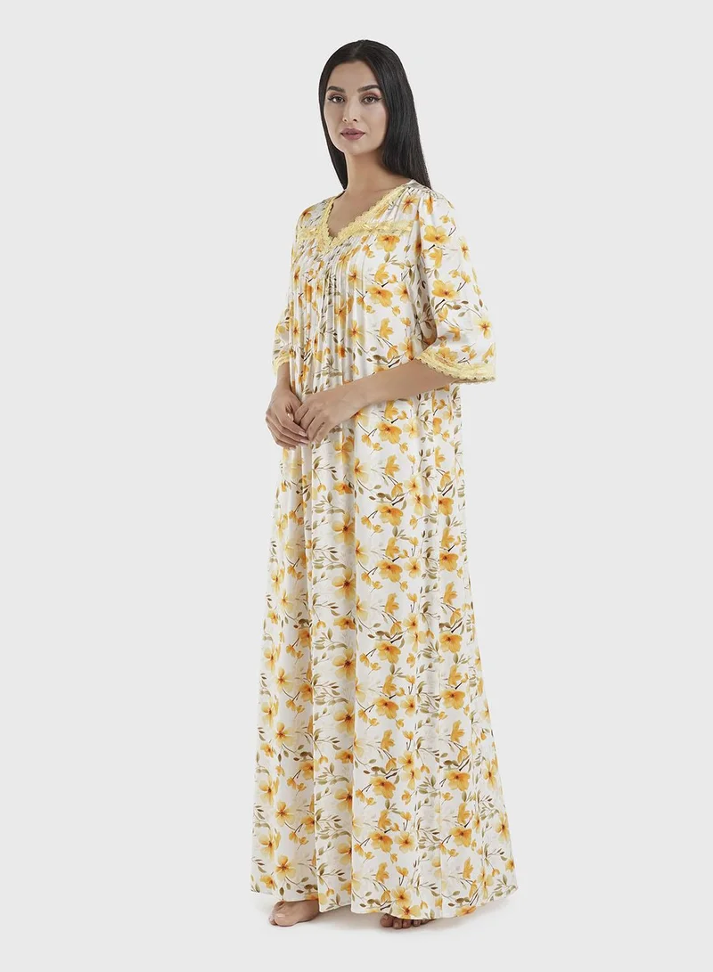 Kashkha  Viscose Yellow Floral Print Nightwear Dress (CNH439) for Women | Best Price UAE