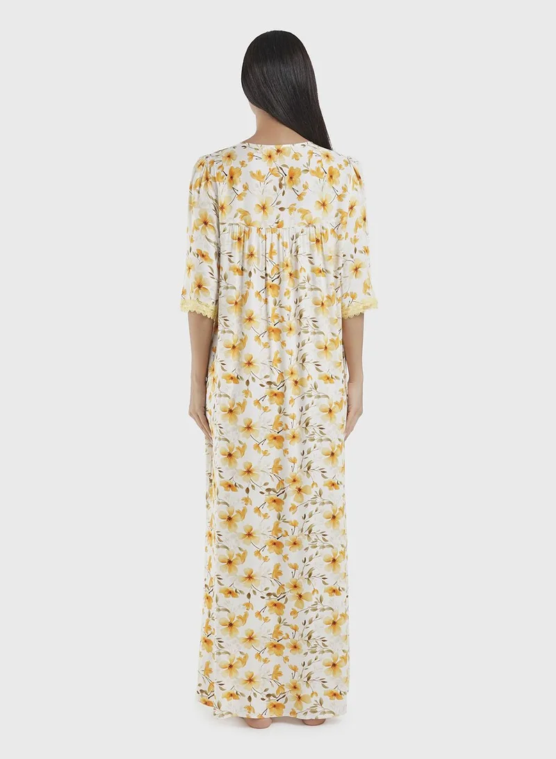 Kashkha  Viscose Yellow Floral Print Nightwear Dress (CNH439) for Women | Best Price UAE