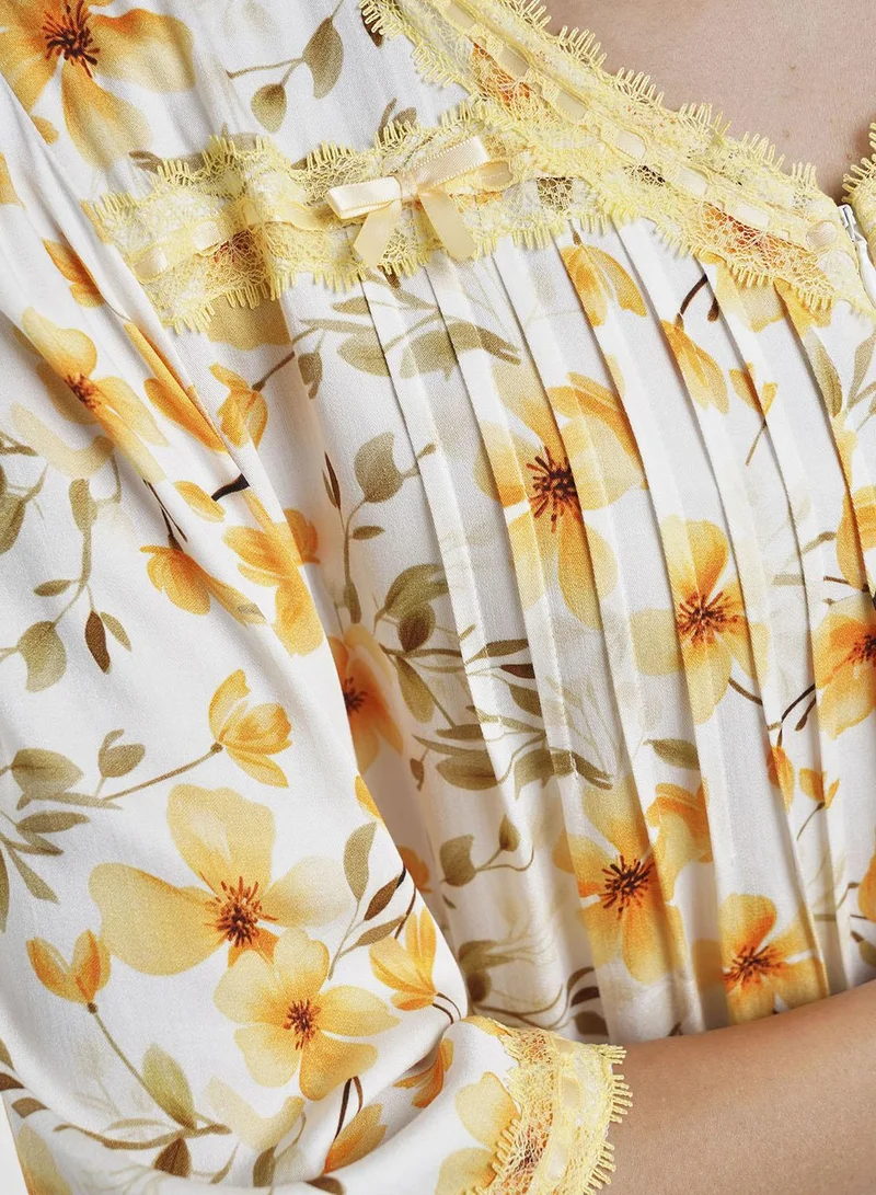Kashkha  Viscose Yellow Floral Print Nightwear Dress (CNH439) for Women | Best Price UAE