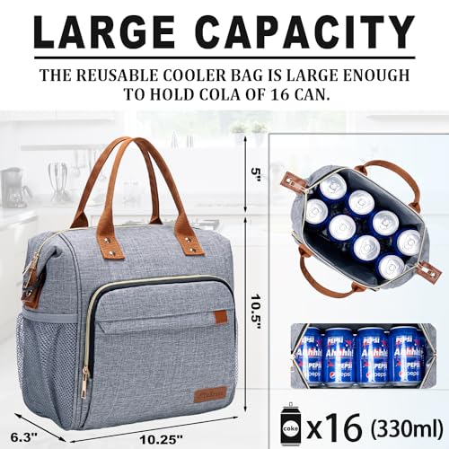 TuErCao Adult Lunch Box - Insulated Lunch Bag Women for Work, Soft Cooler for Beach Travel Picnic, Ladies Lunch Tote Bag for Office, Grey - Image 2