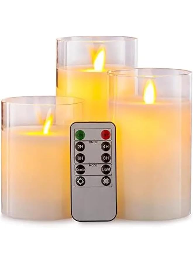 The Bros Set of 3PCS Pure White Wax Glass Flameless Candles with Remote, Flickering LED Candle Lights, Battery Candles for Festival, Birthday Candle, Candles Decor, Weddings, Home, Hotel, Eid - Image 1